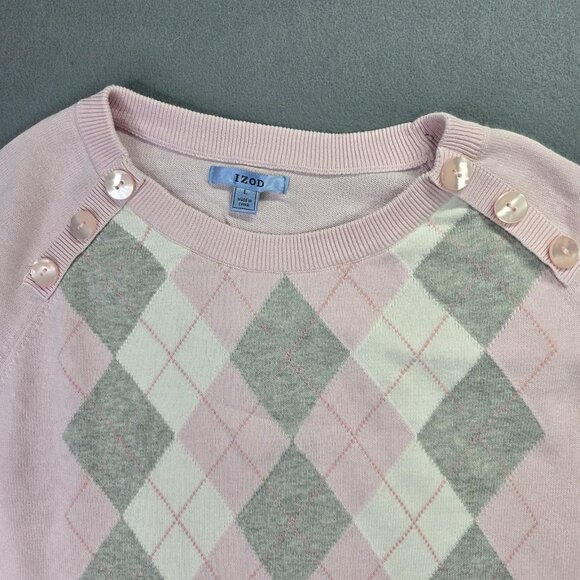 Izod Sweater Women L Pink Argyle Button Shoulder Cotton Pullover Preppy Academia - Picture 2 of 10